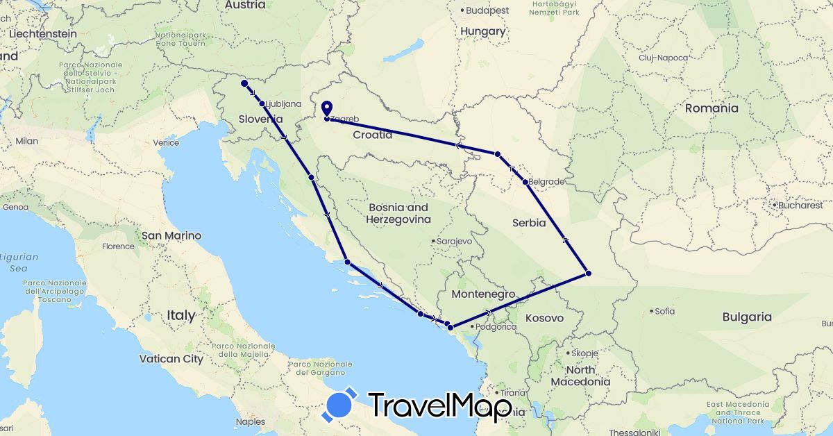 TravelMap itinerary: driving in Croatia, Montenegro, Serbia, Slovenia (Europe)